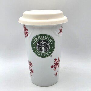 STARBUCKS 2010 Collectible Red Snowflakes Holiday Travel Tumbler Mug Rubber Lid
